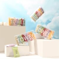 Colorful compressed towels in box