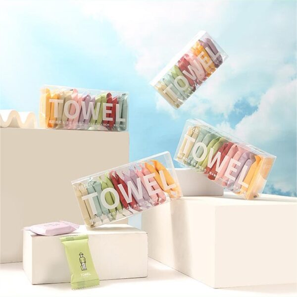 Colorful compressed towels in box